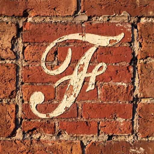 Faded Main Street monogram — a cream script F painted on brick
